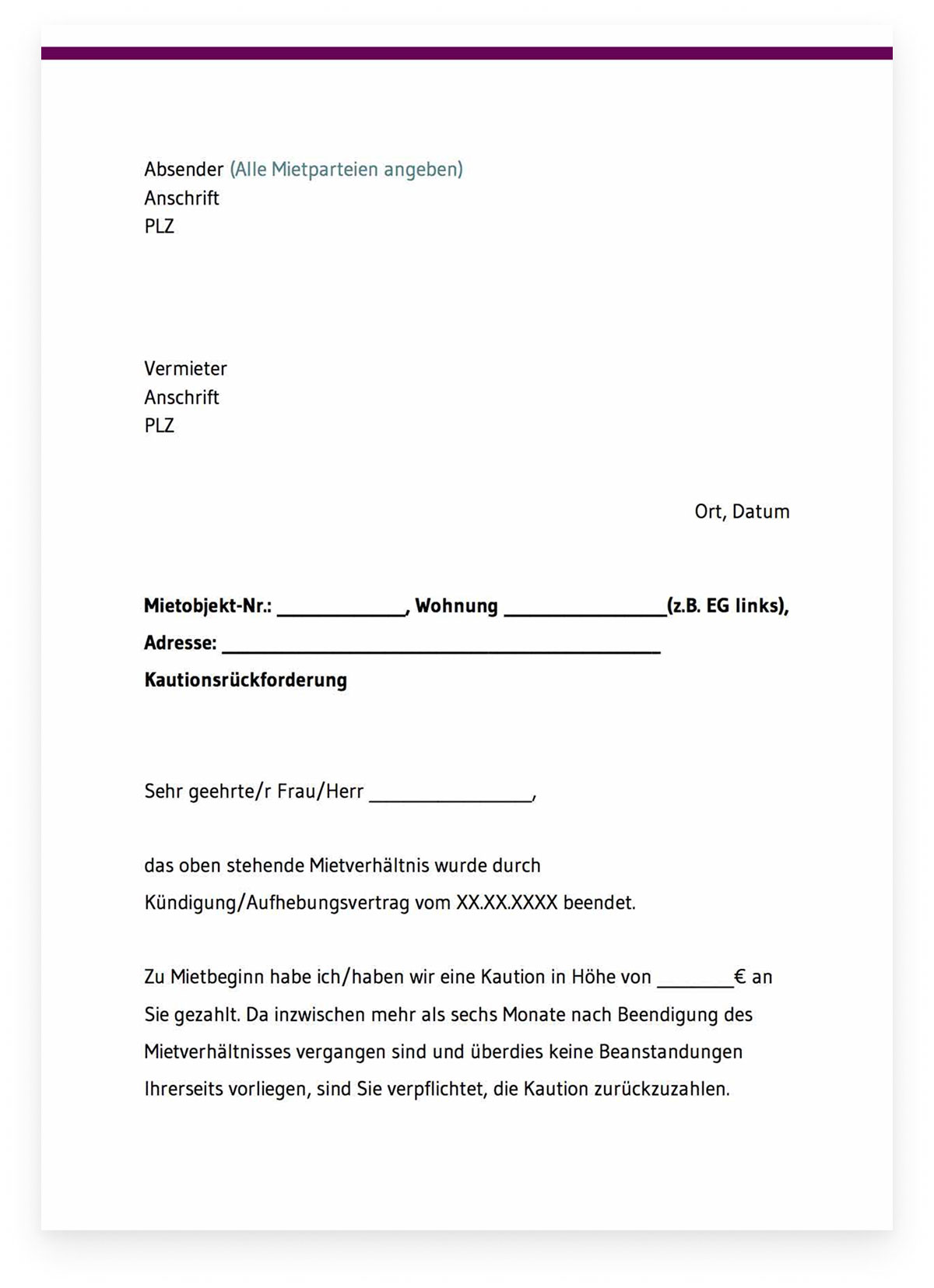 Musterschreiben Kautionsrückforderung
