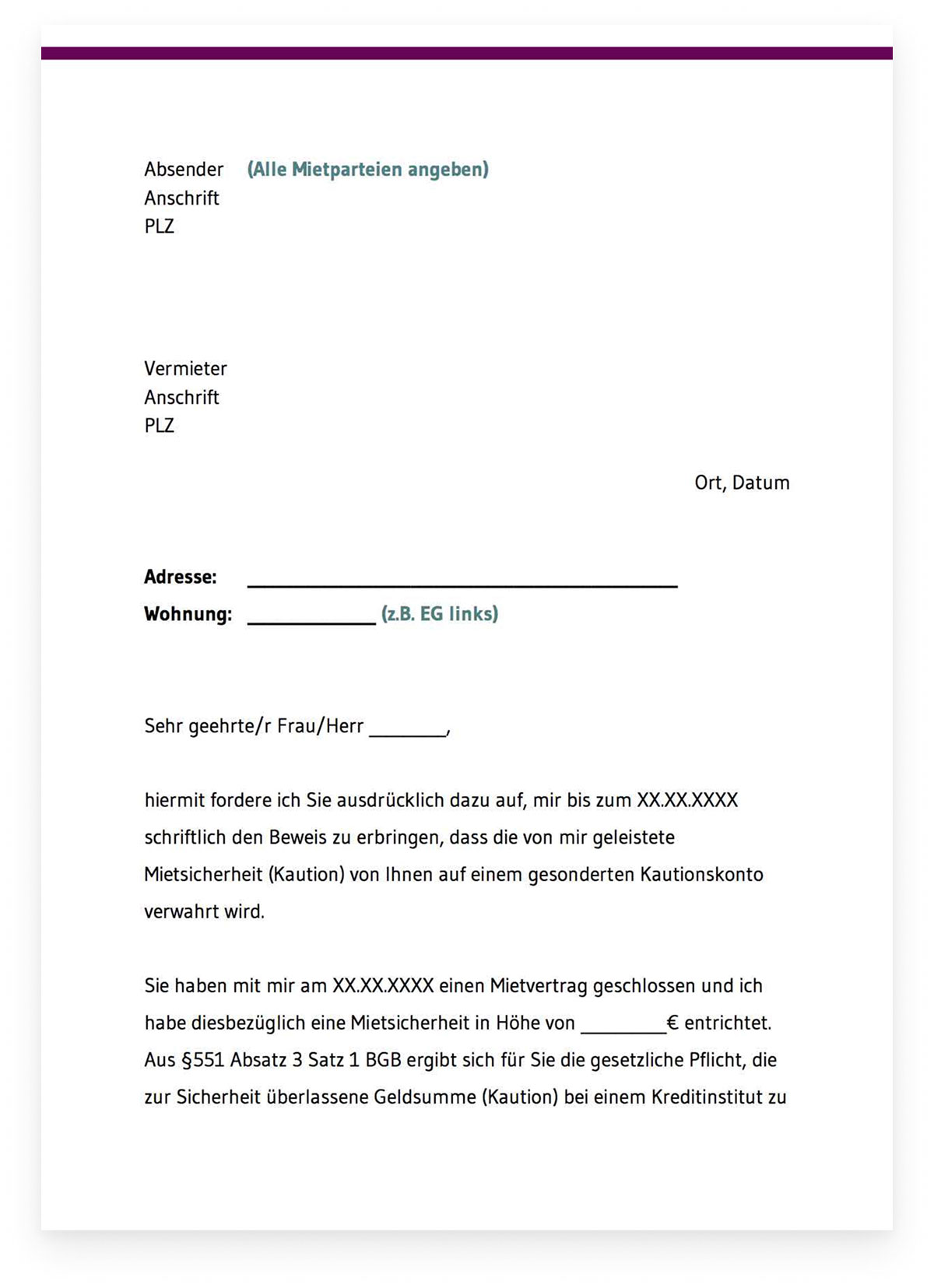 Musterschreiben Kautionskonto