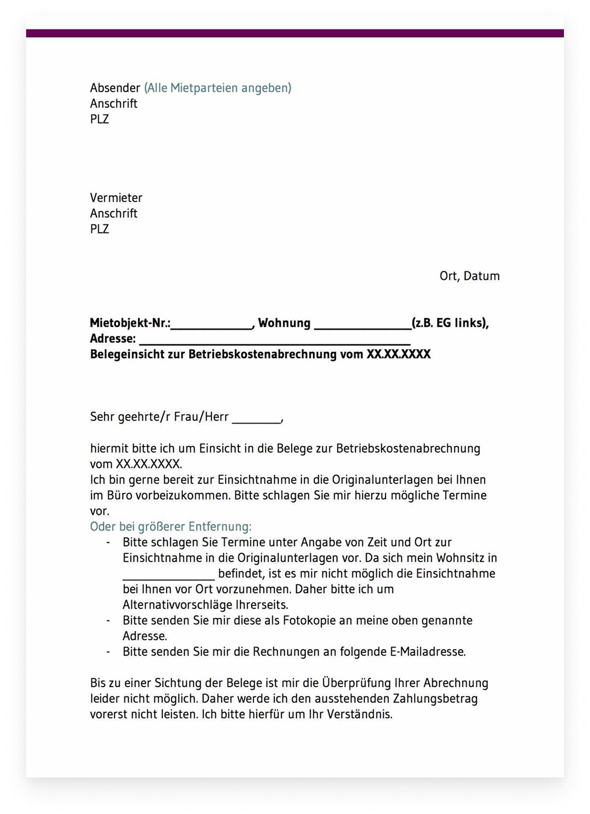 Musterschreiben Betriebskostenabrechnung Belegeeinsicht