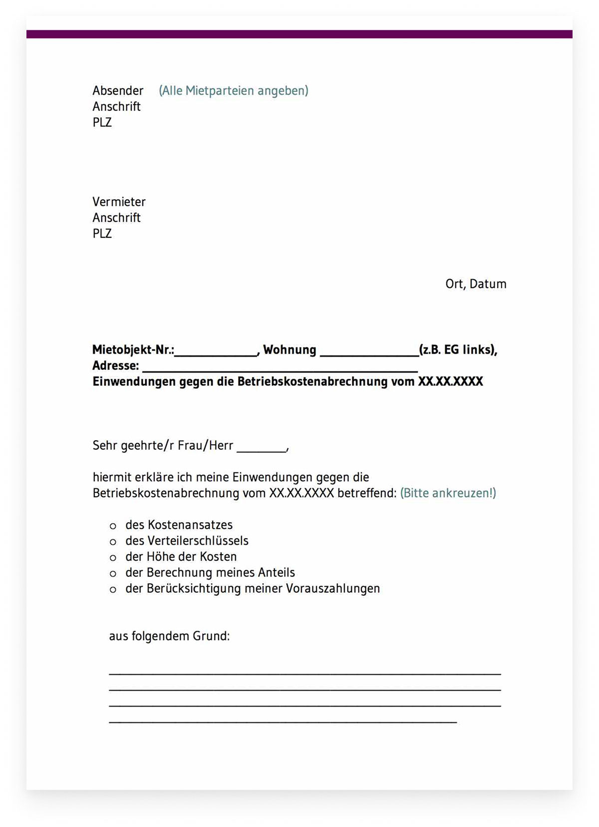 Musterschreiben Betriebskostenabrechnung Einwendungen